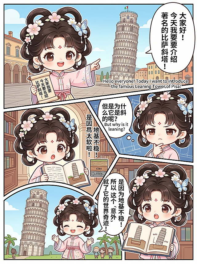 「图片1」1.请使用所附角色，创作一部强调萌系画风、分镜和面部表情的漫画，要求生成的4张介绍比萨斜塔的漫画剧情连贯。 2.作为日式漫画，请将分格布局设置为从右到左、从上到下自然阅读。 3.分格的位置和形状可自由发挥，但读者的视线流向必须遵循日式阅读顺序。 4.请使用不规则或自由排列的分格结构，而非统一布局。 5.务必生成全彩漫画，并使用中英双语。 不能：从左到右或从下到上阅读的布局 ・使角色看起来像另一个人物的安排 ・用其他角色的特征替换参考角色的特征 ・使用英语或横向书写对话 ・更改颜色或服装，或输出为单色、黑白、仅线稿、仅色调或灰度