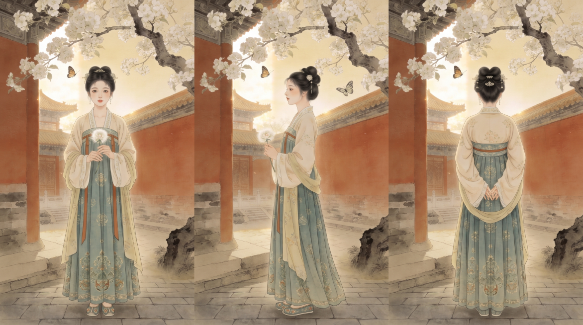 基于原图古风汉服女子，生成该人物的全身站立三视图，包含正面、侧面、背面，保持古风工笔画风格，背景保留中式红墙梨花庭院和蝴蝶元素，比例为16:9预览效果