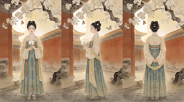 基于原图古风汉服女子，生成该人物的全身站立三视图，包含正面、侧面、背面，保持古风工笔画风格，背景保留中式红墙梨花庭院和蝴蝶元素，比例为16:9