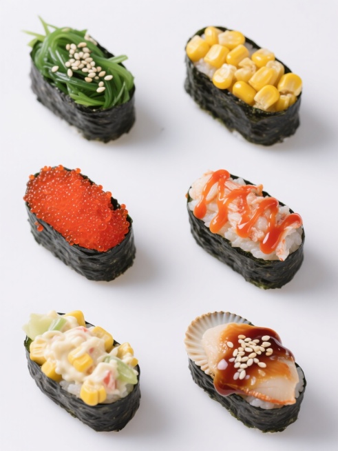日料寿司系列素材集合，纯白纯色背景，保持原图写实摄影风格，六个不同种类寿司规整排布成两行三列，每个寿司均为黑色海苔包裹的椭圆形握寿司形态，第一行从左到右分别是撒有白芝麻的绿色海草寿司、覆盖红色鱼籽的寿司、金黄色玉米粒寿司，第二行从左到右分别是奶油玉米沙拉寿司、覆盖橙红色酱汁的蟹肉寿司、点缀白芝麻和酱汁的扇贝肉寿司，所有寿司细节清晰，食材色彩真实，整体构图平衡对称，适合日料菜单或宣传使用。预览效果
