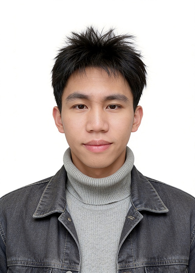 保留第一张图中人物发型､脸型､年龄特征生成标准样式纯正面证件照;人物主体严格居中,头部大小与位置严格对齐第二张图,双肩水平平衡,面部中轴线对齐画面中心,正视前方;标准证件照构图,人物绝对居中;头顶上方距离上边缘高度10%,下巴距离画面下边缘高度30%,人物主体占比约68%;肩部平展与画面水平轴平行;头部占比严格对齐第二张图;提亮肤色,消除暗沉,清透裸妆,隐形毛孔,均匀肤色,唇色自然提亮;肤色白皙细腻,肤质呈现匀净哑光质感(自然白皙);轻透裸妆+重点提亮;唇色润泽(半哑光质地);眼神澄澈,看向镜头,气质自信,嘴角微微上扬表情自然;耳廓可见度一致;肩部平展,肩线与画面水平轴平行;头肩比例协调呈现;免冠,不戴帽子,无头饰,无发带,不戴眼镜,不戴帽子,面部无痣,消除面部瑕疵,柔和正面顺光均匀柔光,面部明亮无硬影,背景均匀提亮,画质清晰,零噪点降噪;面部清晰;背景亮度均匀统一;高清锐利画质,细节清晰可见;零噪点处理;色彩还原自然,均匀柔和布光,无明显阴影,面部光影干净,柔光正面打光,自然光影过渡,皮肤质感细腻,哑光质感,标准焦段50mm,纯正面,入境范围头部至胸部以上区域,F/4光圈(兼容F/2.8-F/4区间),平视视角(镜头与人物视线完全齐平),正视视图;人物绝对居中(居中构图),位于画面中心;严格限定标准证件照规格;视线水平(瞳孔连线与画面水平线平行);双耳对称露出,双肩水平且平衡,头部占比严格对齐垫图,禁止大头照(画面铺满画布,无边框留白);专业证件照质感,高清人像质感,细腻皮肤纹理,严格按照第一张图内容生成,分辨率4K;身着深灰色牛仔布料外套，内搭浅灰色高领针织毛衣，不戴帽子，无头饰，极简纯色白色背景，背景亮度均匀且统一(哑光质感)，禁止裁切头顶，禁止额头被截，禁止超大头，禁止主体溢出画面，禁止偏头/倾斜，头顶上边距8-10%，头部高度60-68%，双眼高度56-58%，严格对齐第二张垫图，画面比例5:7
