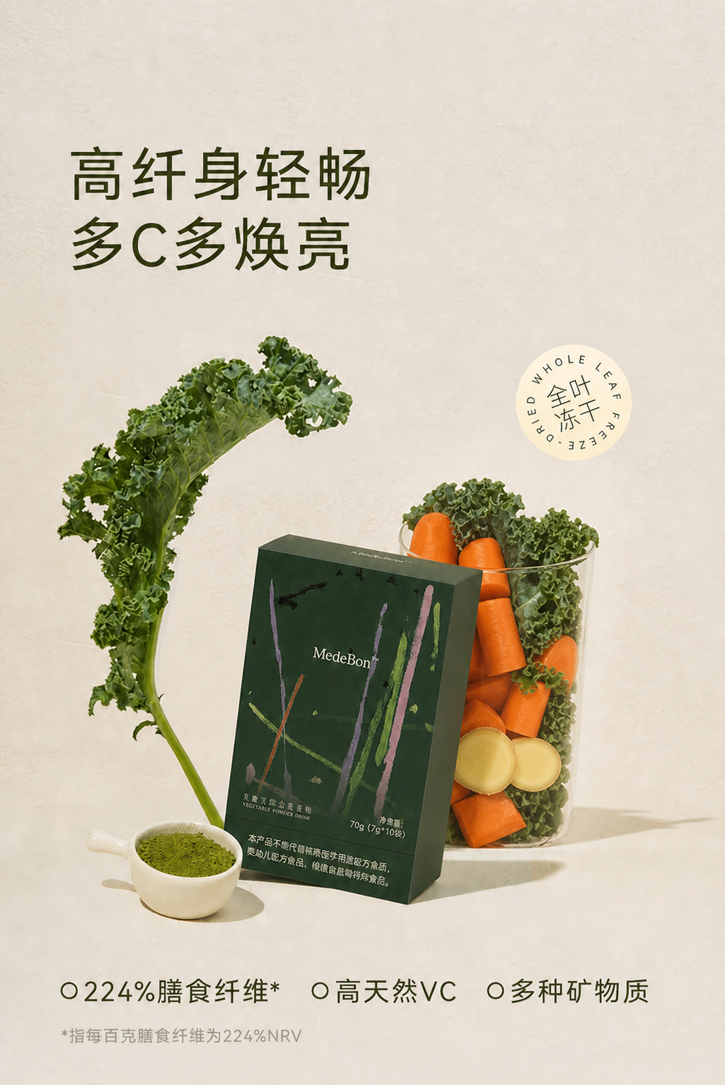 将右侧透明玻璃杯里的食材全部替换为新鲜的胡萝卜段、羽衣甘蓝叶片… - 图片创意预览
