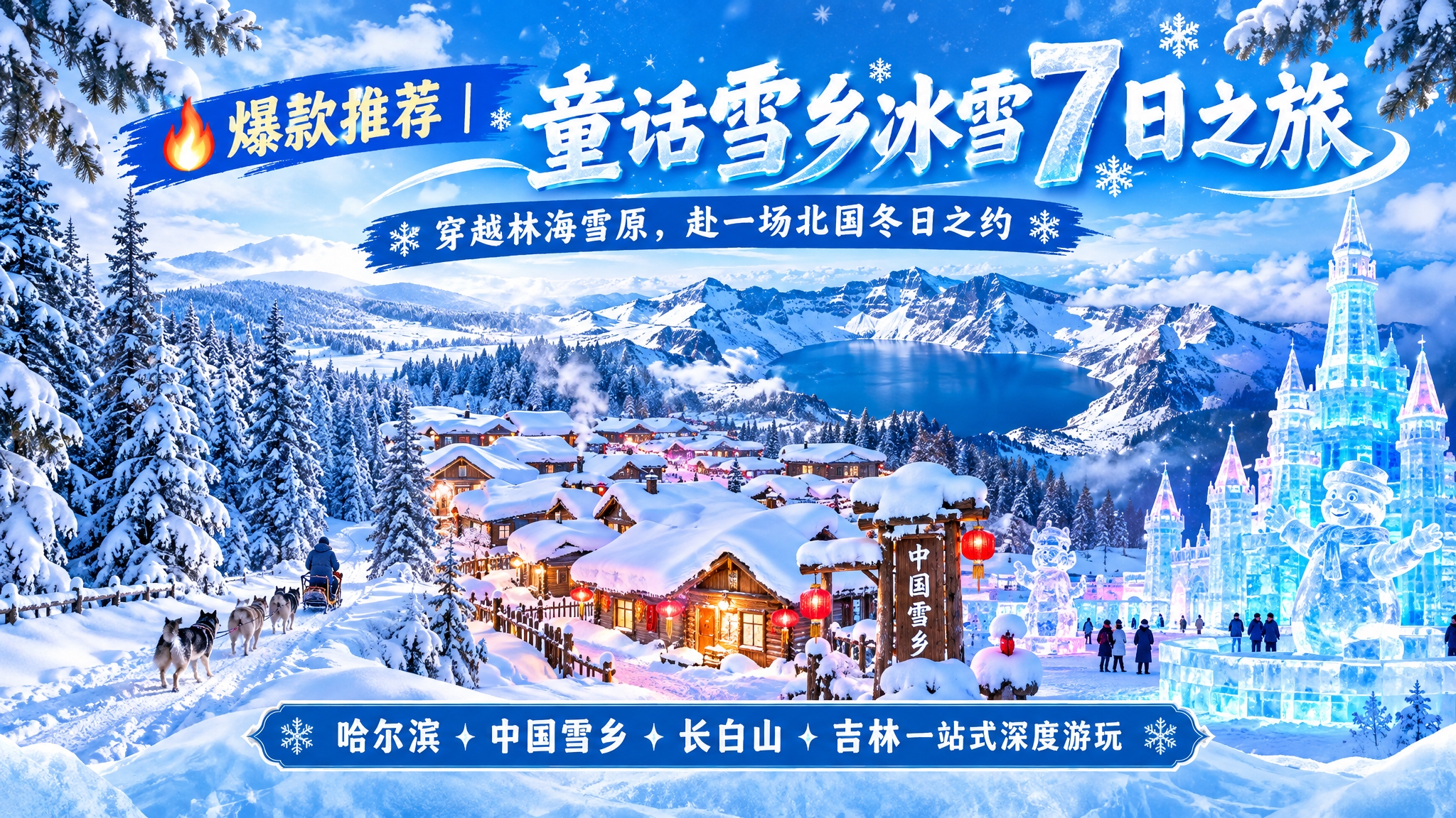 童话雪乡冰雪7日之旅旅游宣传首屏海报，冬日北国冰雪风光主题，画… - 图片创意预览