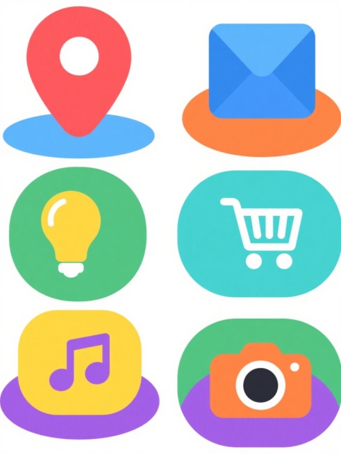 白色背景，6个同风格系列图标规整排布，每个图标均为简约扁平风格，由单一主体图形与下方半椭圆形底座构成，主体图形采用鲜明纯色填充，无渐变无阴影，边缘平滑圆润，底座为不同颜色的实心半椭圆，与主体图形形成清晰色彩对比，6个图标分别为：红色定位标记配蓝色底座、蓝色信封配橙色底座、绿色购物车配紫色底座、黄色灯泡配青色底座、紫色音乐符配黄色底座、橙色相机配绿色底座预览效果