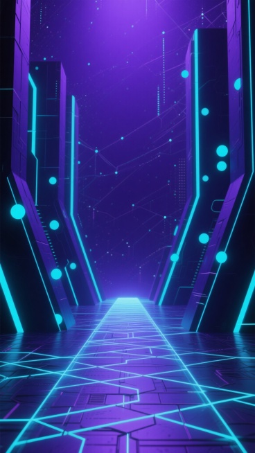 一张未来科技感十足的3D渲染场景，整体采用深邃的紫色调为基底，搭配明亮的青色作为主要发光元素，营造出神秘而前沿的氛围。画面中央是一条向前延伸的发光能量通道，地面由复杂交错的几何线条构成，线条呈现出明亮的青色光泽，并有规律地排列形成科技感十足的地面纹理。通道两侧是高耸的抽象科技结构，由垂直和倾斜的线条组成，线条边缘发出柔和的青色光芒，结构上点缀着大小不一的发光圆点，如同数据流动的节点。背景是深邃……预览效果