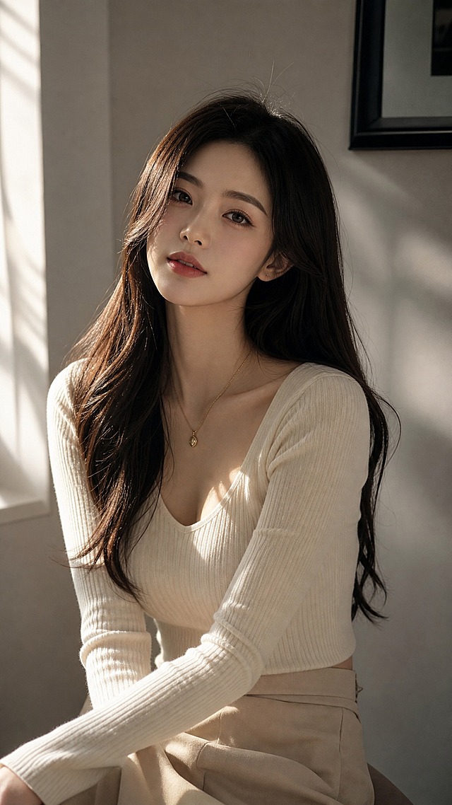 一位美丽的年轻女性，精致的五官，自然妆容，柔顺的长发，优雅气质，柔和的自然光，高清细腻的皮肤质感，时尚穿搭，背景简洁高级，电影感光影，人像摄影风格，9:16竖构图