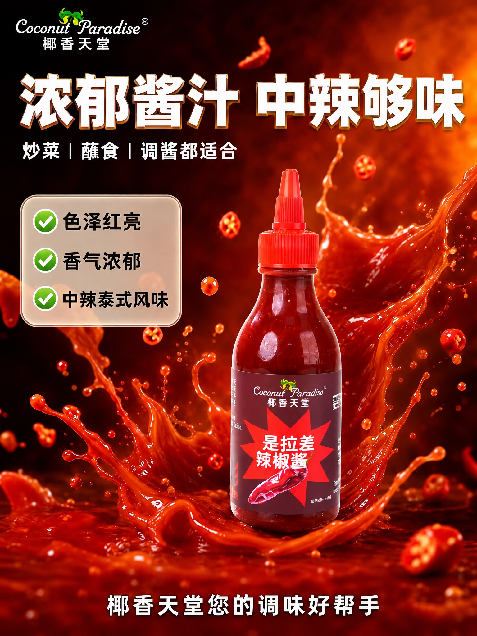 将图中的辣椒酱瓶产品主体替换为参考的新瓶身产品，保持瓶身形状完… - 图片创意预览