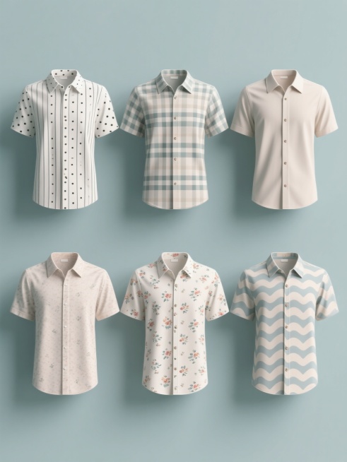 六个系列男士短袖衬衫的规整排布展示图，保持原衬衫的3D渲染风格、清晰的衣物褶皱、简洁的翻领和前襟单排扣设计，整体采用纯色背景，每个衬衫拥有完全不同的花纹：第一个为点状花纹，第二个为竖条纹花纹，第三个为格纹花纹，第四个为无花纹纯色，第五个为小碎花花纹，第六个为波浪花纹，所有衬衫色彩变换为不同的柔和色调，整体构图平衡对称，突出衣物的质感和细节，符合电商服装展示的清晰、简约设计感。预览效果