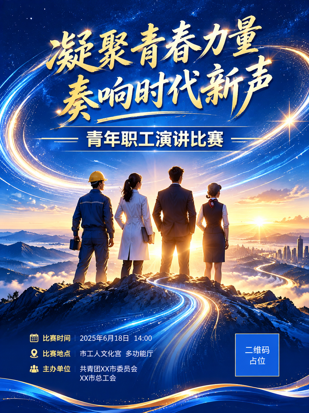 竖版收官主题宣传海报，四位不同职业的青年职工并肩站立在山峰高处… - 图片创意预览