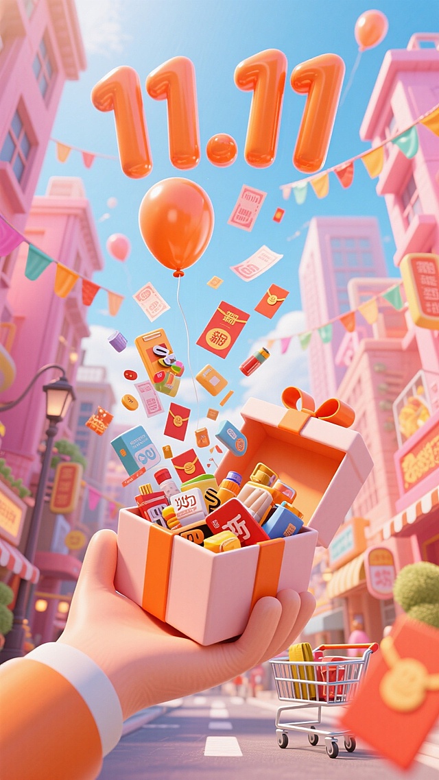 微缩的城市（热闹繁华，城市挂着彩带）中间是立着一只手向上托着微缩的打开的礼盒（礼盒里内部挤着一个“11.11”的橙色气球字，琳琅满目的商品、购物券和红包从购物车内向上方扩散开），仰视角度，大透视，POV，粉橙配色
