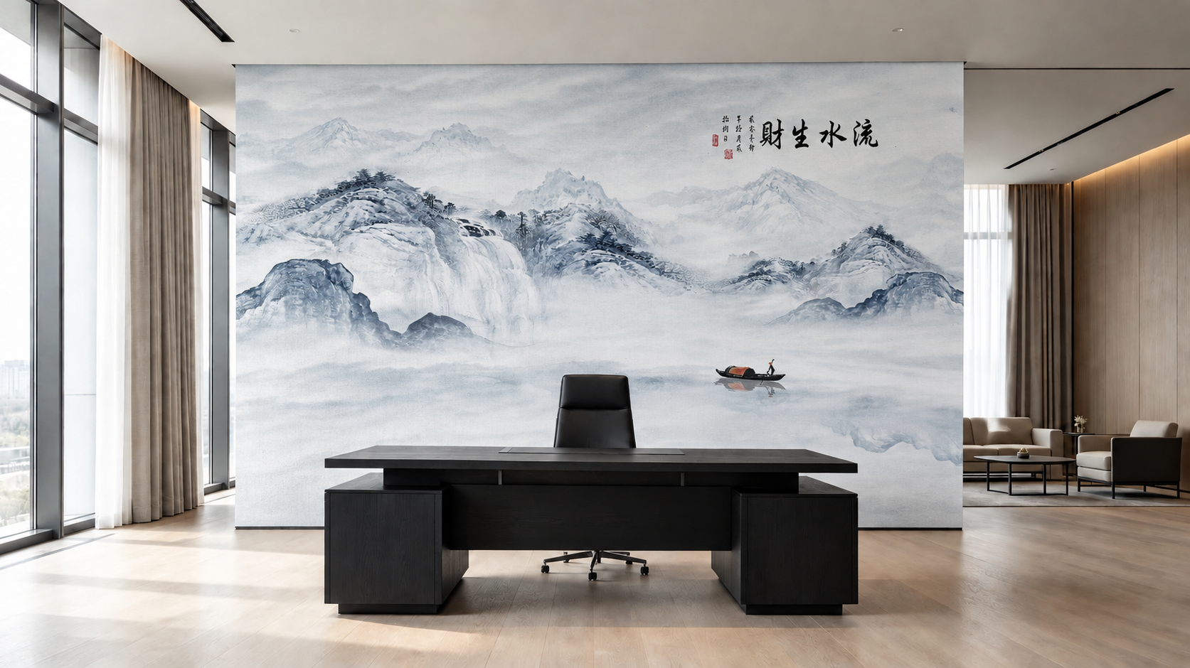 将第二张图的蓝白水墨山水刺绣硬包背景墙（含"流水生财"书法文字… - 图片创意预览