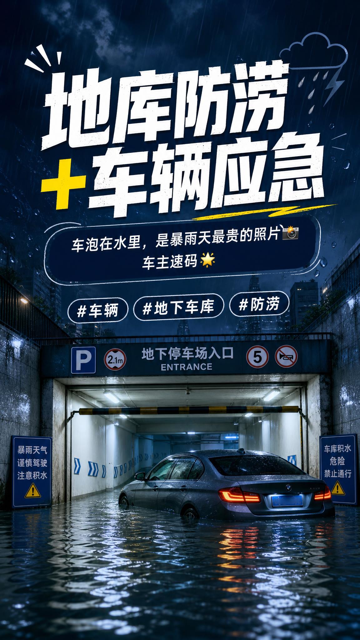 小红书风格封面卡，地下车库防涝车辆应急主题，9:16竖版，深蓝… - 图片创意预览