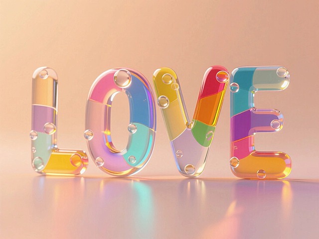 以玻璃工艺展现 “LOVE”，字母犹如由吹制的彩色玻璃拼接，线条流畅且带有玻璃特有的透明质感与气泡。字母在光线下折射出斑斓色彩，纯色暖色系背景，正面视角