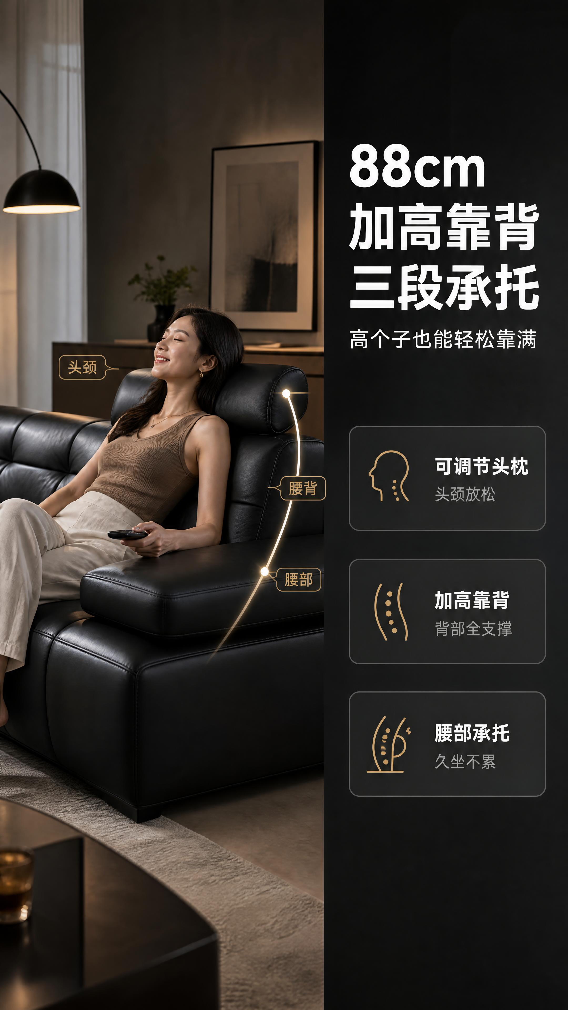 [商品] 使用【图1】黑色七代升级高靠背真皮沙发；保留88cm… - 图片创意预览