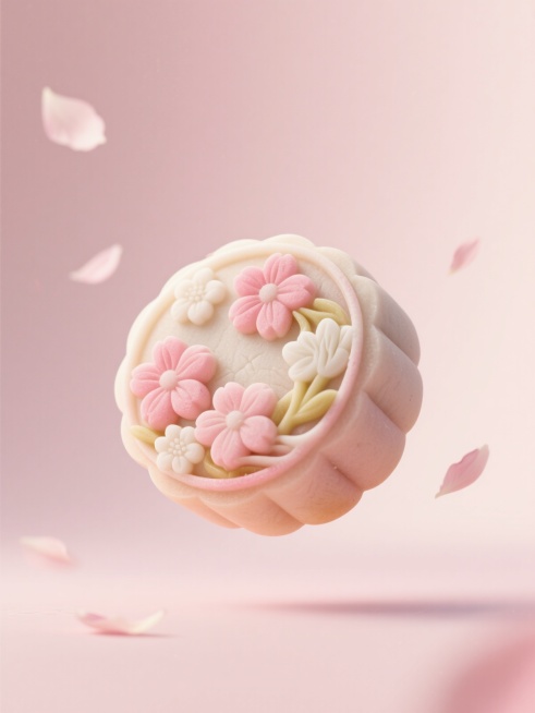 漂浮在空中的鲜花月饼，月饼表面装饰有粉色和白色的花朵图案，内馅隐约可见花瓣纹理，背景是浅粉色渐变，点缀着飘落的花瓣，整体清新雅致预览效果