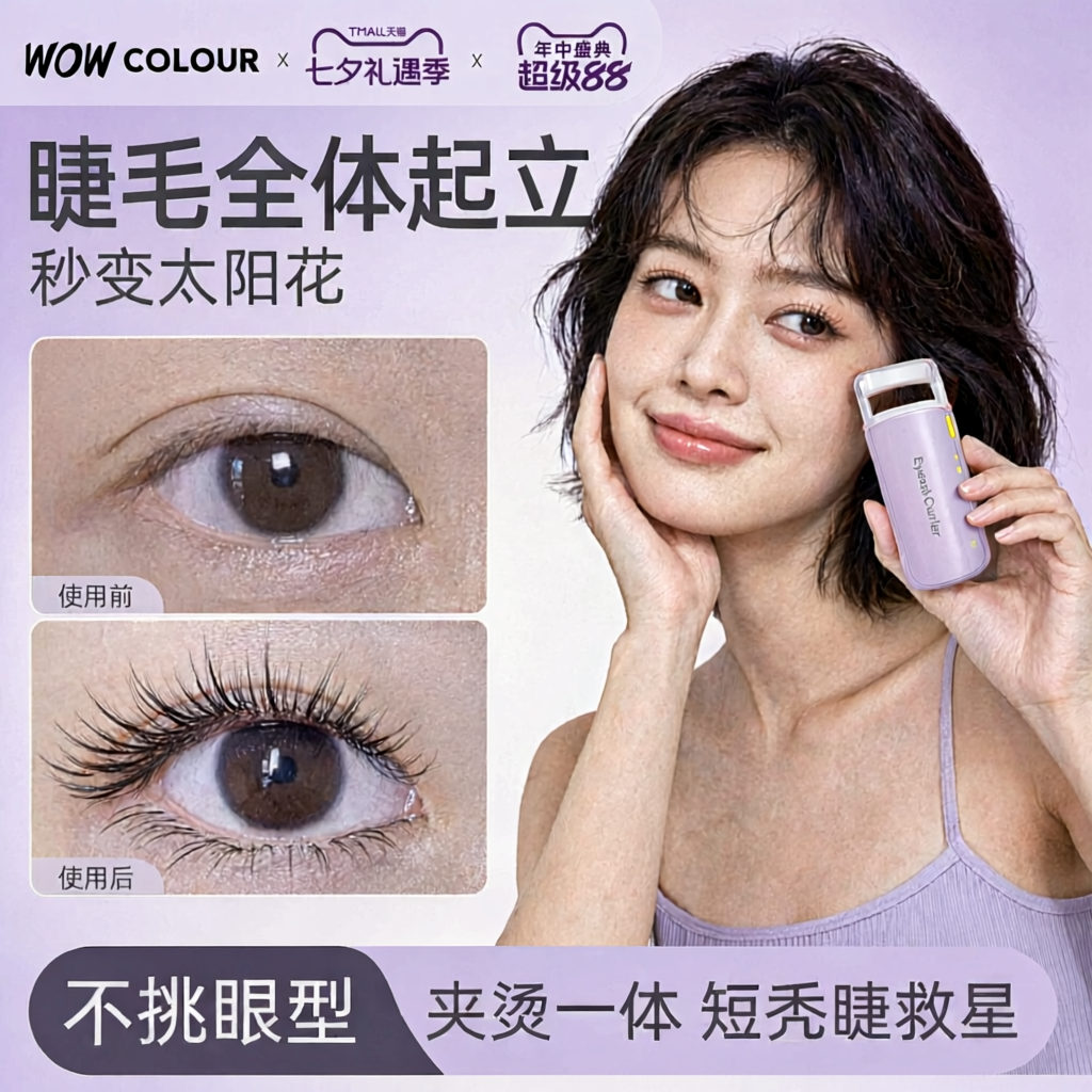 将图中人物的衣服颜色调整为淡紫色，将人物手里的睫毛夹产品颜色调… - 图片创意预览