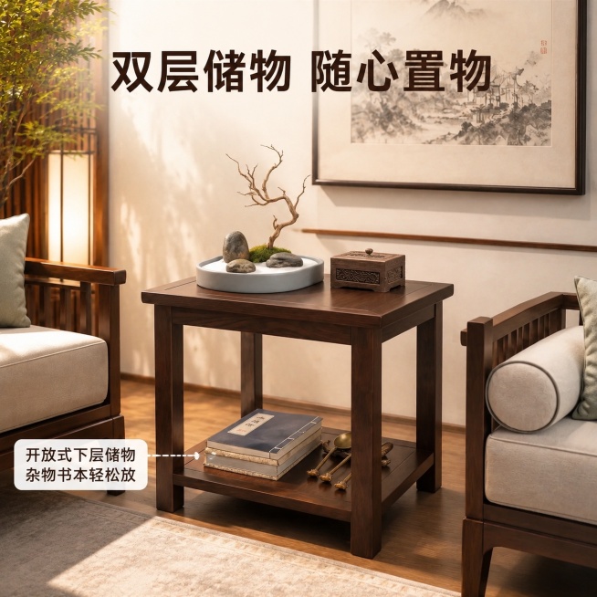 [主图-2] 实木方几双层储物功能展示主图
[氛围风格] 新中式禅意风 温馨居家生活氛围；
[画质] 商业摄影质感、光线柔和通透、产品清晰真实、画面干净高级。
[元素] 展示乌金木实木方几的双层储物结预览效果