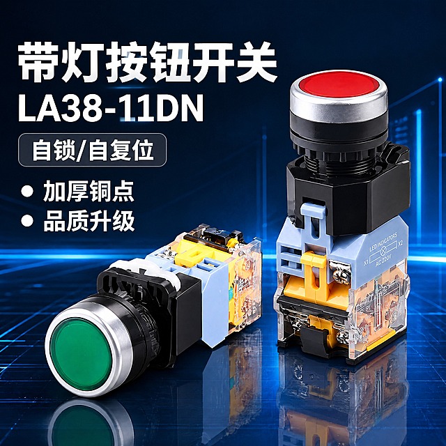 基于图1的蓝色科技背景进行修改，完成以下编辑：

1. 【产品替换】移除图1中原有的两个按钮开关产品（右侧直立红色按钮+左侧横躺绿色按钮），将图2中的两个按钮开关产品（直立红色按钮+斜放绿色按钮，蓝黄底座结构）抠图精修后粘贴到画面右侧产品位置，保持图2产品的完整结构和细节，产品上的"CHKL"等公司名称文字全部擦除。

2. 【左侧文字竖排重排】左侧文字全部改为从上到下竖排左对齐排列：
- 第一行：大标题"带灯按钮开关"，白色粗体Heavy 56px
- 第二行："LA38-11DN"，白色Bold 40px（将原图的LA38-11D改为LA38-11DN）
- 第三行：深灰色圆角矩形框，内有白色文字"自锁/自复位"（从右上角移到此处）
- 第四行起：圆点列表，白色文字，第一项"加厚铜点"（将原"加厚银点"改为"加厚铜点"），第二项"品质升级"

3. 【背景】保留图1原有的深蓝色科技感背景、网格地面和光效。

4. 【整体布局】产品在画面右侧，文字在左侧竖排整齐对齐，画面平衡美观。输出为800x800像素正方形JPG，品质90%。