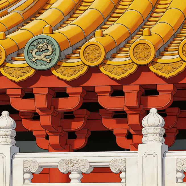 写实国风漫画细节特写格，特写真实故宫建筑的斗拱结构、黄琉璃瓦、龙纹瓦当、汉白玉栏杆雕刻，展现古代营造工艺，写实国风漫画风格，色调贴合朱红、明黄、汉白玉白，贴合故宫实景预览效果