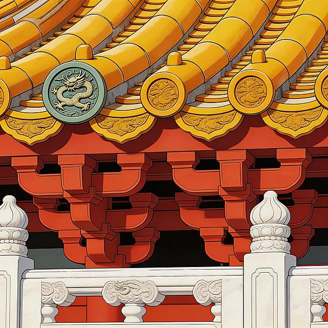 写实国风漫画细节特写格，特写真实故宫建筑的斗拱结构、黄琉璃瓦、龙纹瓦当、汉白玉栏杆雕刻，展现古代营造工艺，写实国风漫画风格，色调贴合朱红、明黄、汉白玉白，贴合故宫实景
