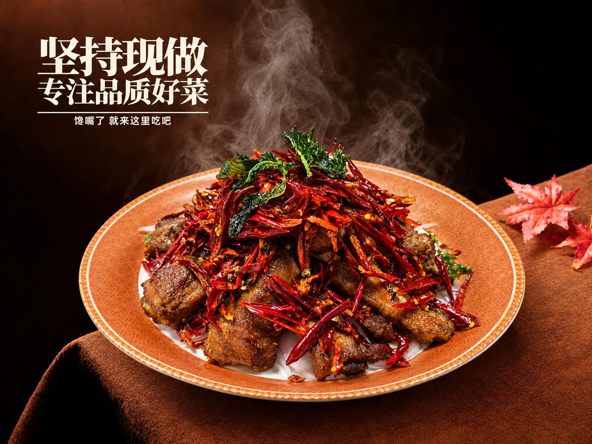 参考第一张图的深棕渐变暗调美食摄影背景、棕色桌布质感、左上角白… - 图片创意预览