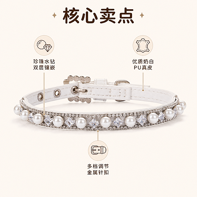 [主图-2]「月光芭蕾」珍珠水钻宠物项圈核心卖点展示。
[氛围风格] 法式轻奢干净精致风；
[画质] 商业摄影质感、光线柔和通透、产品清晰真实、画面干净高级。
[元素] 产品项圈整体居中放置，保持产品外观（珍珠水钻双层设计、奶白PU真皮基底、多档位调节孔金属针扣）与输入产品图绝对一致，杜绝变形色差，精细化处理。围绕产品，用三个圆润小图标展示核心卖点，每个卖点用细引线对应产品相应位置。商品主体占比约60%，画面饱满留白合理。
[光影] 均匀柔光，清晰展示产品每个细节，珍珠和水钻光泽自然柔和，明暗层次分明。
[配色] 主背景浅米白色，图标浅香槟色，文字深棕色，保持整体温柔优雅配色。
[视角构图] 45°斜侧平视，产品居中，整体干净构图，突出产品和卖点信息。
[文字版式] 顶部居中大字主文案“核心卖点”，深棕色圆润字体；三个卖点分别为「珍珠水钻 双层镶嵌」「优质奶白 PU真皮」「多档调节 金属针扣」，每个卖点搭配小图标，文字小而清晰，引线纤细对应产品部位，信息层级清晰，不遮挡主体。
[比例分辨率] 1:1 比例，2k 分辨率，文字清晰锐利，超高清。
[负向提示词] 变形，水印，文字错乱，产品图模糊，背景杂乱，遮挡主体