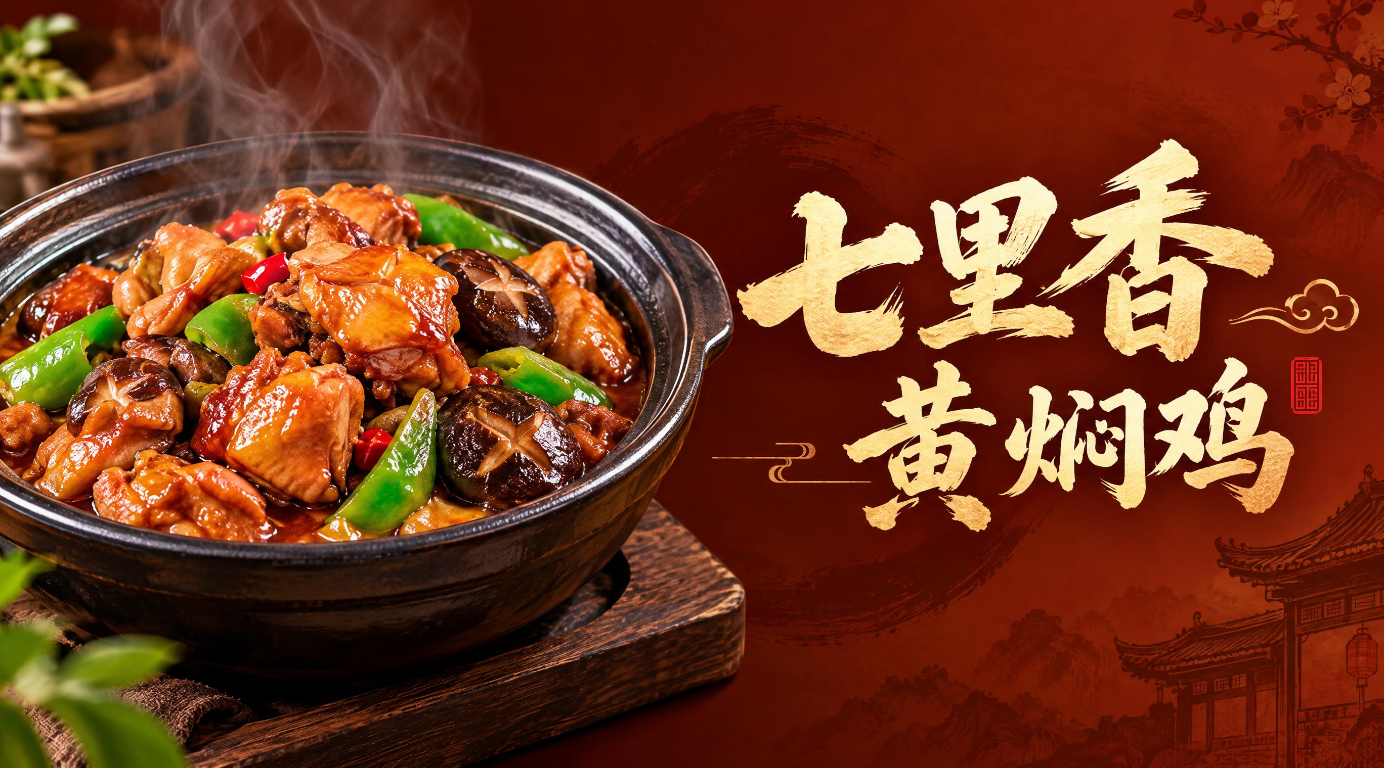 黄焖鸡米饭店铺店招设计，横版长方形，左侧是一碗热气腾腾的黄焖鸡… - 图片创意预览