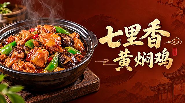 黄焖鸡米饭店铺店招设计，横版长方形，左侧是一碗热气腾腾的黄焖鸡美食写真，鸡肉色泽红亮诱人，酱汁浓郁，青椒香菇点缀，右侧是醒目的书法艺术字体店名'七里香黄焖鸡'，字体大气有质感，背景是温暖的棕红色渐变，整体风格传统中式餐饮风，写真美食摄影风格，非常有食欲，画面干净整洁，没有优惠信息、没有地址电话，横版构图
