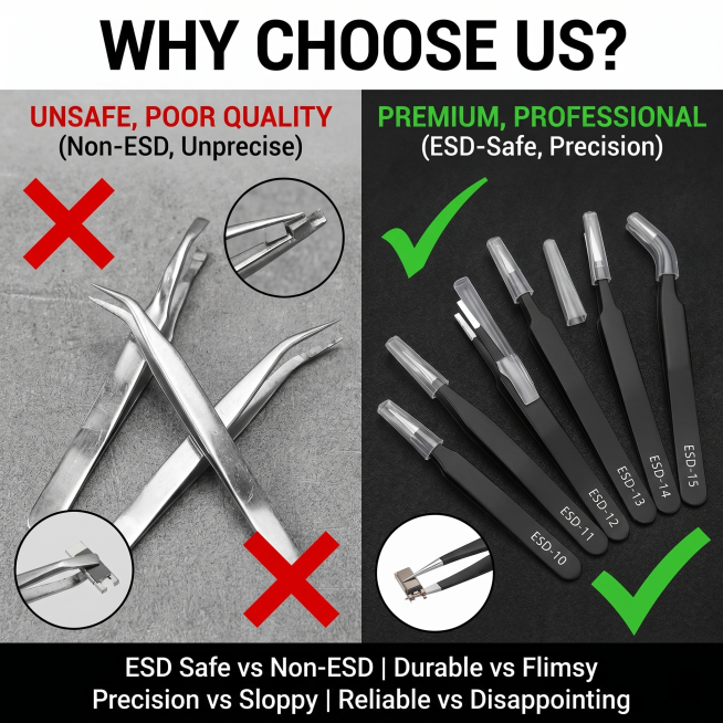 严格还原上传的产品图，包括黑色哑光防静电涂层、清晰的 ESD-10 至 ESD-15 白色型号标识、每把镊子的独立透明保护套，产品尺寸比例保持 1:1。画面左右均分对比布局，左侧灰色区域展示普通廉价镊预览效果