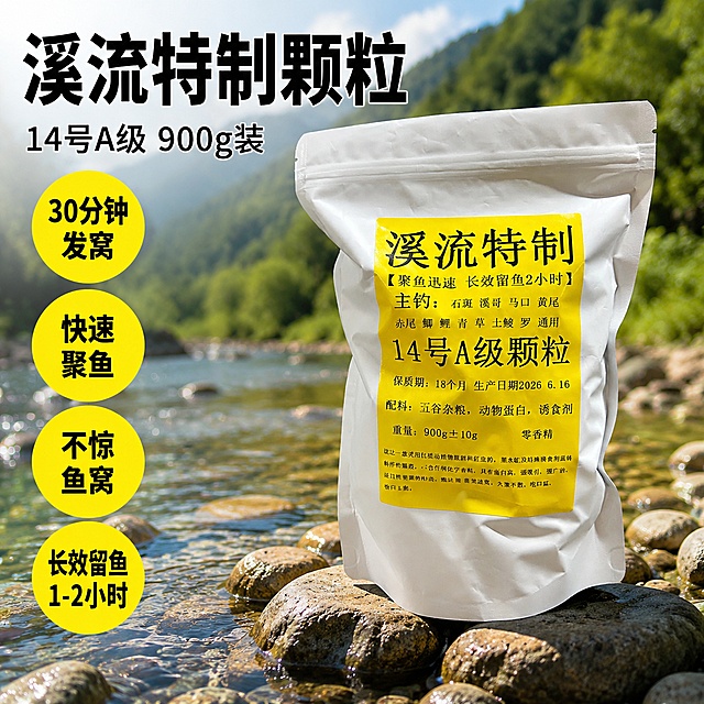 [单张主图] 溪流特制14号A级颗粒鱼饵，超浓腥加强款900g装，爆款促销感主图，目标是突出产品核心卖点吸引点击。
[画面主体] 一袋溪流特制颗粒鱼饵直立展示在画面右侧，产品包装袋保持白色+黄色标签配色，标签上所有原有文字信息清晰可见，保持产品外观、物理结构、材质质感与输入产品图完全一致，杜绝任何变形和色差，精细化处理。商品主体占画面约55%，完整不裁切。
[构图版式] 采用左文右品标签参数型版式，左侧38%区域放置文字信息，右侧57%区域放置产品主体，产品悬浮站立在溪流鹅卵石台面上，整体层级清晰。
[场景元素] 背景更换为真实清澈溪流浅滩实景，清澈溪水漫过天然鹅卵石，远处虚化山林树木，自然真实溪流钓鱼环境，背景虚化干净，突出产品主体，不抢产品关注度。
[文案版式] 左侧顶部放置超大粗黑主标题“溪流特制颗粒”，主标题字号最大醒目，下方标注“14号A级 900g装”，字号缩小一半；下方四个竖排黄色圆形标签，从上到下依次排列，每个标签一个核心卖点：第一个标签写“30分钟发窝”，第二个写“快速聚鱼”，第三个写“不惊鱼窝”，第四个写“长效留鱼1-2小时”；所有文字均不遮挡产品主体，文字清晰可读，主标题最大，卖点标签其次，层级分明对比强烈。
[光影质感] 自然日光从左上方斜射，产品在鹅卵石上形成柔和自然投影，溪水波光粼粼，整体光影通透自然，产品包装袋纹理清晰，文字锐利干净，真实户外商业摄影质感，画面干净高级。
[配色字体] 主色提取自然溪流清绿蓝色，文字黑色，卖点标签提取产品包装原有黄色，形成黄黑强对比，字体采用粗黑无衬线字体，字重对比强烈，醒目吸引点击，符合渔具产品促销风格。
[比例分辨率] 1:1比例，2K分辨率，文字清晰可辨，超高清商业摄影质感。
[负向提示词] 变形，文字错乱，产品图模糊，背景杂乱，水印，电商平台Logo，错字，主体遮挡，低清晰度