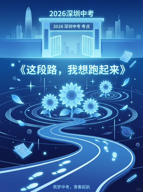 新闻资讯封面图，主题为2026深圳中考开考，作文题《这段路，我想跑起来》，配色参考参考图中的浅蓝色、深蓝色系，文字精简，画面包含跑道、向日葵、考点校门等中考相关插图元素，风格清新简约，底图层次丰富，图预览效果