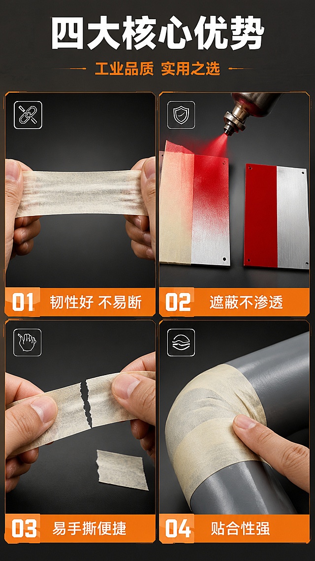 [第3屏] 核心卖点-四大核心优势展示。工业风格，简约商务。
[氛围/风格] 工业风四宫格版式，深灰背景配橙色高亮，硬朗专业，信息层级清晰。
[元素布局] 画面采用2x2四宫格布局，每格展示一个核心卖点；左上格：韧性好 - 展示美纹纸胶带被双手向两侧拉扯拉伸，胶带延展但不断裂，纸基纤维纹理清晰，体现强韧不易断；右上格：喷漆遮蔽不渗透 - 展示一块金属板，一半贴有美纹纸胶带，正在被红色喷漆喷涂，漆雾清晰可见；旁边放着已撕下胶带的金属板，揭开的位置露出干净的金属本色（留白），与红色漆面形成笔直清晰的分界线，边缘整齐无渗透无晕染，完美体现遮蔽效果；左下格：易手撕便捷 - 高清特写，一只手的拇指和食指捏住米黄色美纹纸胶带中部，正在徒手撕断，撕断面清晰整齐，胶带纹理细节分明，手部动作自然清晰，画面完全高清无模糊，旁边放着一小段已撕下的胶带；右下格：贴合性好 - 展示美纹纸胶带紧密贴合在有弧度的曲面管道/阴阳角上，胶带完全服帖无翘边，手指正在按压贴合，边缘紧密无缝隙；每格底部有橙色编号块。
[光影质感] 每格独立打光，主体清晰锐利，所有细节高清可见，背景深灰有渐变，产品有立体感和真实质感，整体光线均匀专业，工业感强。
[配色色系] 全局底色 #2B2B2B 深灰；主色 #FF8C00 工业橙；辅助色白色文字、米黄胶带本色、红色喷漆；编号块用橙色底白字，每格有细微橙色边框点缀。
[视角构图] 正面平视，四宫格等分布局，阅读动线顶部大标题 → 左上→右上→左下→右下依次阅读。
[文字版式] 顶部大标题：「四大核心优势」白色加粗黑体大字，下方副标题「工业品质 实用之选」橙色小字；每个宫格内底部有橙色横条，上面白色卖点文字：「01 韧性好 不易断」「02 遮蔽不渗透」「03 易手撕便捷」「04 贴合性强」；每格内上方有对应简约线性小图标；文字清晰不遮挡产品主体。
[比例分辨率] 9:16竖版比例，4K分辨率，文字清晰可辨，高清画质。
[负向提示词] 变形，水印，文字错乱，文字过小，颜色偏差，背景杂乱，产品模糊，卡通风格，动态模糊，手部模糊，胶带模糊，无颜色喷漆，无留白效果。