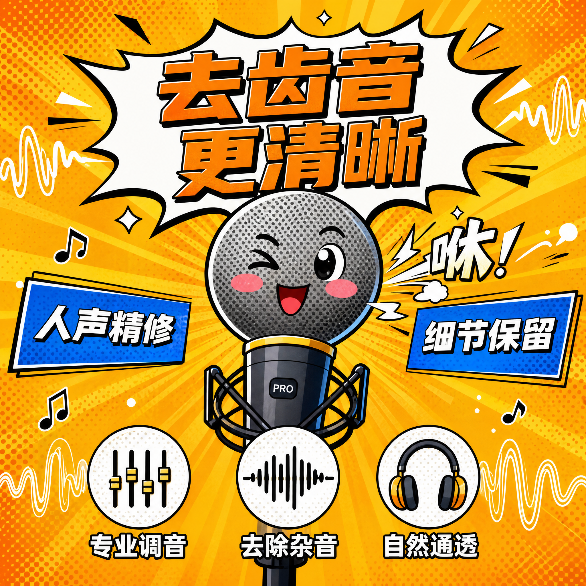 波普漫画风格的去齿音修音服务主图，1:1正方形构图。背景为橙黄… - 图片创意预览