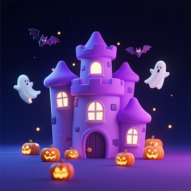 梦幻紫色城堡，软3D粘土风，萌趣南瓜灯与小幽灵环绕，卡通感十足，营造温馨可爱的万圣节氛围。