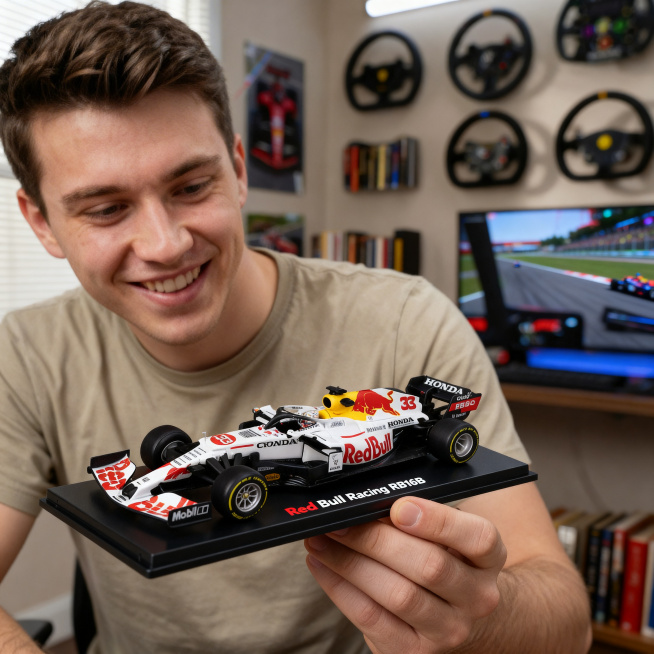 重新将图1的F1赛车模型，生成图2同款的手持展示照片，参考图2的真实摄影质感、自然光影、室内书房场景，人物手持黑色展示底座上的F1模型，整体视觉和拍摄风格与图2保持一致预览效果