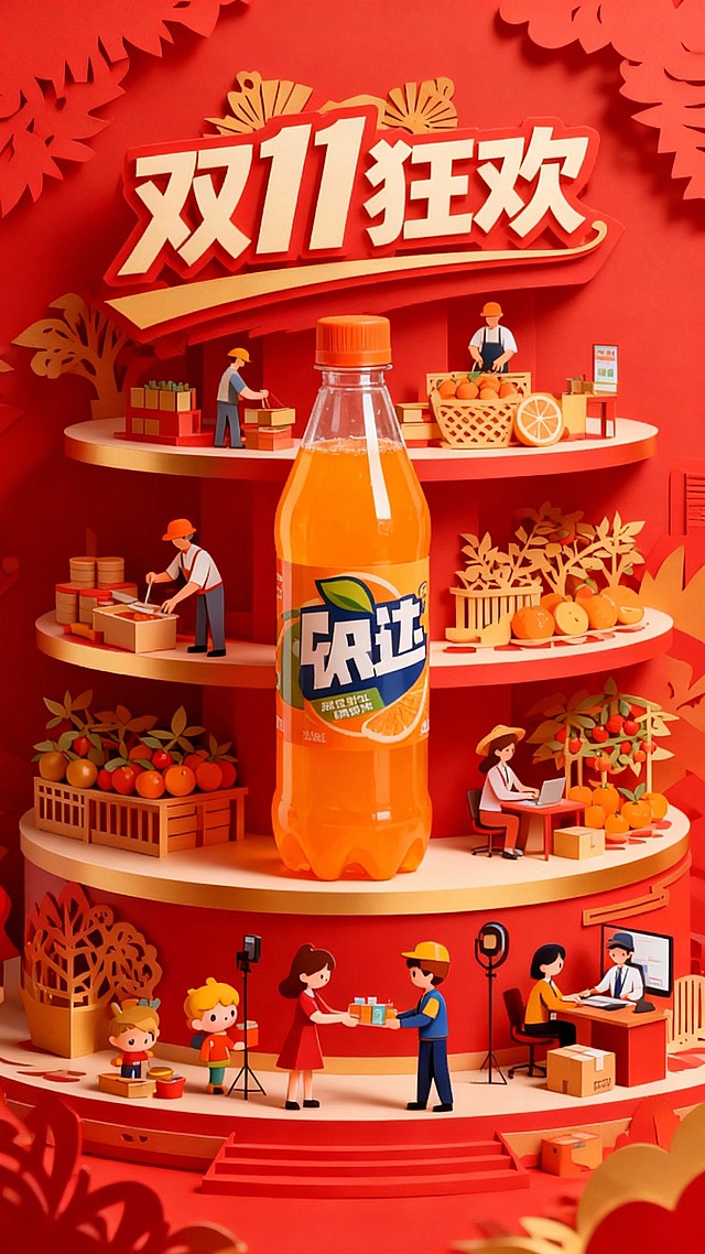 整体为剪纸雕刻风格，层层递进，内部多层展台结构，重复展示商品，最表层是突出的“双11狂欢”的满屏创意艺术字体，边上是工人制作商品，农民种植水果，正在直播的自媒体人，电商客服，快递员等形成的交接画面。可爱风格的小人和商品，立体空间感，经典节庆配色
