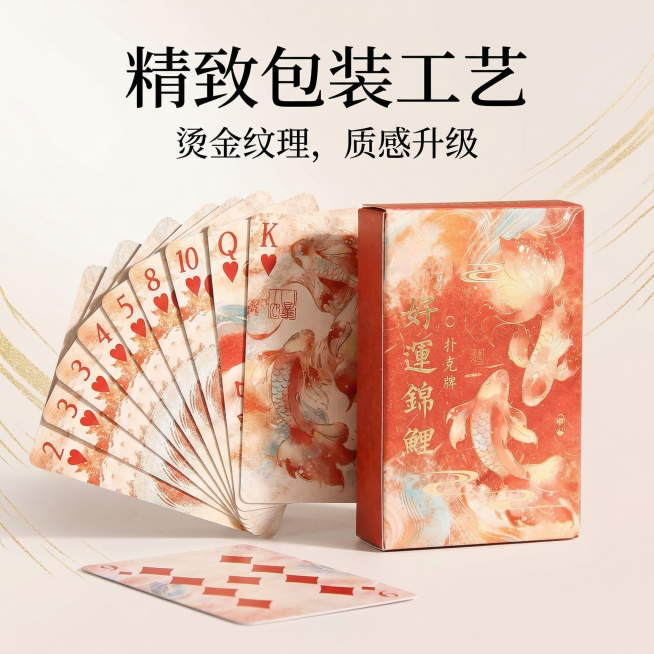 1:1 竖版电商主图，严格还原上传的好运锦鲤国风扑克牌产品图，包括朱红包装、水墨锦鲤插画、金色 “好运锦鲤” 文字、品牌标识等所有设计细节，产品外观必须与参考图完全一致，不得改变包装设计、配色方案或品预览效果