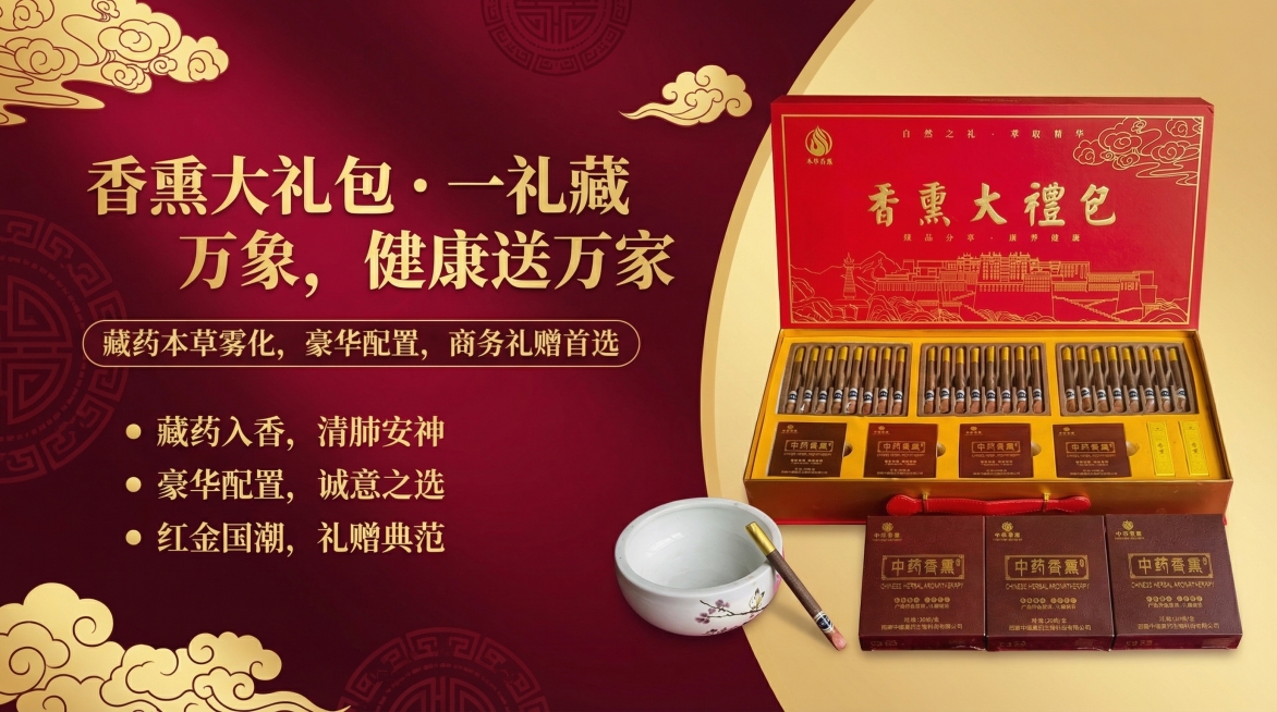 保持原产品外观不变，电商横版Banner海报，宽1500px高780px，左右布局，左侧文字部分主标题是"香熏大礼包・一礼藏万象，健康送万家"，副标题是"藏药本草雾化，豪华配置，商务礼赠首选"，下方分预览效果