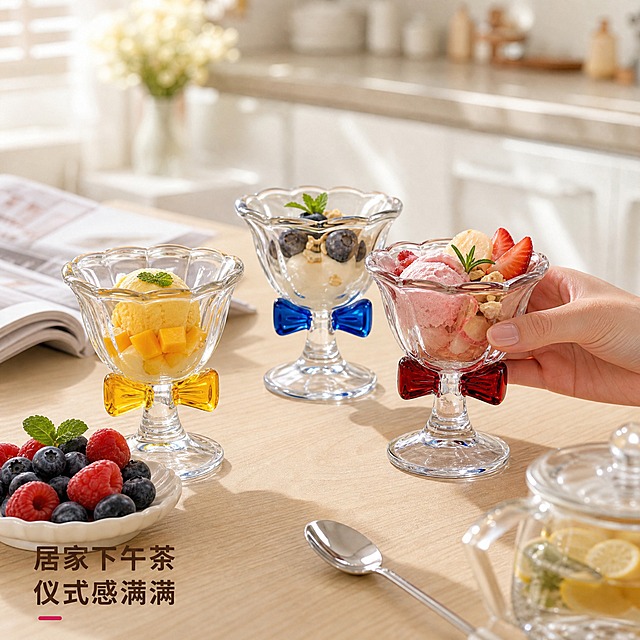 [主图-4] 蝴蝶结玻璃冰淇淋杯 真实餐桌使用场景
[统一基调] 淘宝/天猫风格，专业品质感，洁净通透家居氛围；背景主色浅米白+浅木色，标题字色深咖色，辅助字色暖灰色，强调色莓果红；字体为圆润无衬线中文字体，标题粗体大号，辅助文字缩小50%以上；整体明亮自然光，高亮通透，清爽秩序感。
[画面] 温馨家庭下午茶场景，浅木色餐桌上摆放着三只不同颜色的蝴蝶结冰淇淋杯（红、黄、蓝），杯中分别盛放着不同口味的冰淇淋和水果；旁边有银色小勺子、玻璃水壶、一小盘新鲜蓝莓和树莓、一本翻开的杂志；一只女性的手（自然肤色，指甲干净淡粉色）正拿起红色杯子准备享用；背景是虚化的白色厨房橱柜和阳光，营造惬意的居家下午茶氛围。
[光影质感] 自然光生活摄影质感，柔和窗边光，画面温暖明亮，玻璃杯有自然环境反光，食物新鲜有质感，整体氛围舒适有代入感。
[配色] 浅木色桌面+白色背景+食物丰富色彩+深咖标题，整体暖调温馨。
[文字版式] 画面左下角轻量文字「居家下午茶 仪式感满满」，字号较小不抢画面主体；文字放在桌面空白处，不遮挡杯子和食物。
[输出要求] 1:1正方形，2048x2048，场景自然真实，产品融入环境，手部姿态自然无畸形，无错字，无水印，无平台Logo。