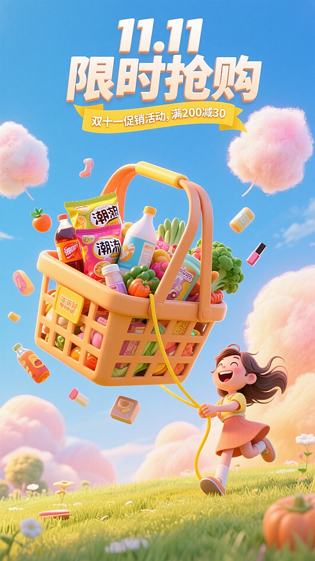 梦幻感与清新感交织的软3D风插画，卡通女孩拉着满载商品的购物篮奔跑于虚拟自然中，波普艺术色彩搭配塑料风质感，传递双11限时抢购的可爱活力。
