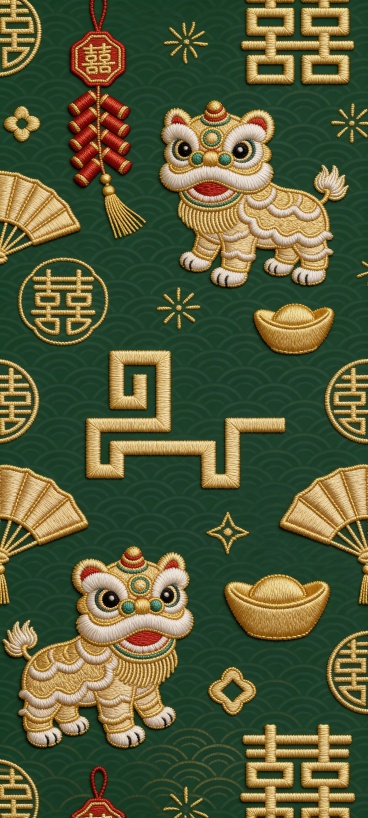 参考图1中的标志，与醒狮、鞭炮、元宝、折扇、“囍” 字等春节元素做规律性重复排布，元素采用金色刺绣风格（丝线光泽细腻、绣面有立体肌理），融入少量金色流苏装饰，以深绿色为底，构图为非对称均衡式，叠加浅金预览效果