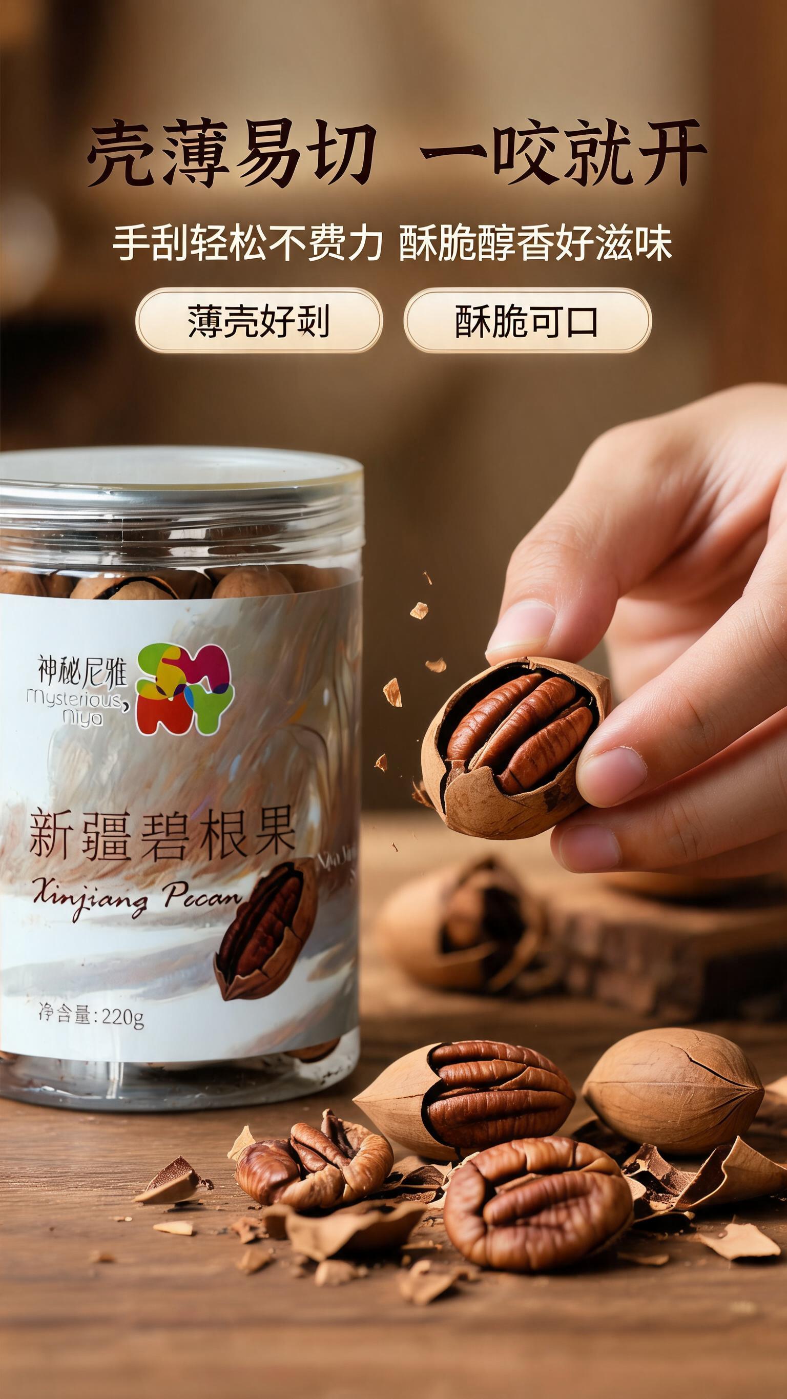 [商品] 使用【图3】神秘尼雅新疆碧根果220g罐装；保留罐身… - 图片创意预览