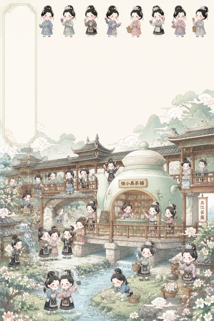 「图片1」「图片1」生成图片类似风格，# 一、IP形象统一设定（全8幅通用主角：侗小禹）
Q版软萌侗族少女IP「侗小禹」：圆脸蛋、弯眼笑、短圆四肢，乌黑盘发配侗族银头簪、银耳坠；两套服饰——日常简约侗预览效果