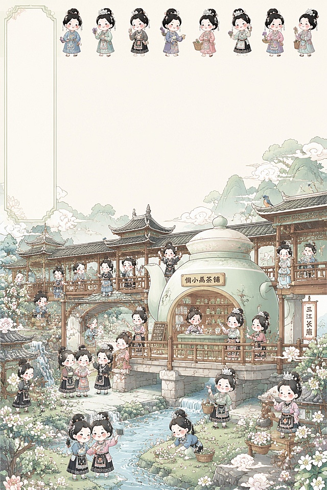 「图片1」「图片1」生成图片类似风格，# 一、IP形象统一设定（全8幅通用主角：侗小禹）
Q版软萌侗族少女IP「侗小禹」：圆脸蛋、弯眼笑、短圆四肢，乌黑盘发配侗族银头簪、银耳坠；两套服饰——日常简约侗布短衫、节庆百鸟衣刺绣长裙；表情灵动：开怀笑、托腮发呆、害羞抿嘴、惊喜眨眼；全套动作：采茶、捣油茶、溪边汲水、鼓楼品茶、风雨桥打卡、晾晒侗布、刺绣、捧茶送礼、林间追蝴蝶。

# 二、参考图统一画风+通用基础提示词（8张插画必前置）
## 画风说明
竖版分栏国风软萌市井绘本插画，柔和圆润粗描边，低饱和清新马卡龙淡彩平涂，无厚重阴影，柔光通透质感；画面分上下三段：顶部预留竖排书法品牌标题区+侧边装饰小IP人物条带，中部留白文字介绍区，底部核心大场景；巨型青瓷盖碗/茶壶化作迷你侗族茶铺小屋，大量Q版「侗小禹」分散在场景里各司其职，搭配三江侗族地标、本土花草、卷曲祥云、中式木格花窗、分层山水庭院，完整茶叶包装商用插画，4K高清矢量手绘。
```
竖版分栏国风软萌市井绘本插画，柔和圆润粗黑色描边，低饱和清新马卡龙淡彩平涂，柔和通透柔光，无厚重阴影，画面分为三段式布局，顶部左侧预留竖排书法品牌大字留白，顶部横向条带排布一排迷你Q版侗族少女IP人物，中间大面积留白用于文案排版，底部是完整宏大侗族风情市井场景；巨型青瓷盖碗/茶壶改造为迷你侗族茶铺小屋放置画面视觉中心，场景内分布数十个Q版卡通少女IP“侗小禹”，圆脸蛋软萌造型，佩戴侗族银饰，分日常侗布便服、刺绣百鸟衣两款民族服饰，人物神态灵动丰富，各自忙碌采茶、煮茶、民俗活动，搭配三江侗族特色建筑、原生花草、卷曲祥云、中式木格花窗、分层庭院山水，整体热闹治愈国风市井氛围，精致茶叶包装商业插画，4K高清精细手绘
```

# 三、8款三江风物主题插画+完整AI提示词
## 1. 主题：侗族鼓楼｜适配【节日礼盒款】
核心场景：巨型盖碗茶铺坐落在多层侗族鼓楼观景台；侗小禹动作：登楼送礼、凭栏品茶、整理银饰、远眺茶山；配红豆杉、山茶花、白鹭，浅青奶杏配色
完整提示词
```
竖版分栏国风软萌市井绘本插画，柔和圆润粗黑色描边，低饱和浅青奶杏马卡龙淡彩平涂，柔和通透柔光，无厚重阴影，画面分为三段式布局，顶部左侧预留竖排书法品牌大字留白，顶部横向条带排布一排迷你Q版侗族少女IP人物，中间大面积留白用于文案排版，底部是完整宏大侗族风情市井场景；巨型青瓷盖碗改造为迷你侗族茶铺小屋，搭建在三江多层木质鼓楼观景平台，场景内分布数十个Q版卡通少女IP“侗小禹”，圆脸蛋软萌造型，佩戴侗族银饰，身着刺绣百鸟衣节庆侗服，有的沿鼓楼阶梯手捧茶礼馈赠友人、有的凭栏杆品茶眺望梯田茶山、有的互相整理银饰说笑嬉戏，四周环绕红豆杉枝叶、粉白山茶花，白鹭绕鼓楼盘旋，搭配卷曲祥云、中式木格花窗、分层侗寨远山茶园，整体热闹治愈国风市井氛围，精致茶叶包装商业插画，4K高清精细手绘
```

## 2. 主题：侗族风雨桥｜适配【旅游伴手礼款】
核心场景：巨型茶壶茶铺立于风雨桥廊中央；侗小禹动作：桥边泡茶、溪边采花、游客打卡合影、投喂翠鸟；溪涧野茶花、青石浅溪，浅蓝奶青配色
完整提示词
```
竖版分栏国风软萌市井绘本插画，柔和圆润粗黑色描边，低饱和浅蓝奶青马卡龙淡彩平涂，柔和通透柔光，无厚重阴影，画面分为三段式布局，顶部左侧预留竖排书法品牌大字留白，顶部横向条带排布一排迷你Q版侗族少女IP人物，中间大面积留白用于文案排版，底部是完整宏大侗族风情市井场景；巨型青瓷茶壶改造为迷你侗族茶铺小屋，坐落于三江长廊风雨桥廊中间，场景内分布数十个Q版卡通少女IP“侗小禹”，圆脸蛋软萌造型，佩戴简约侗族银饰，有的穿百鸟衣、有的穿日常侗布衫，有的倚靠桥栏煮山泉泡茶、有的蹲溪水边采摘野山茶花、有的举茶盏和游客打卡拍照、有的喂食停在飞檐的翠鸟，桥下溪流波纹、青石野花，搭配卷曲祥云、中式木格花窗、朦胧山林，整体热闹治愈国风市井氛围，精致茶叶包装商业插画，4K高清精细手绘
```

## 3. 主题：高山茶叶梯田｜适配【日常自饮款】
核心场景：巨型盖碗茶铺放在梯田观景木台；侗小禹动作：挎篮采茶、石阶分拣茶芽、席地喝茶、追逐白蝴蝶；漫山茶树嫩芽，嫩草绿浅黄森系配色
完整提示词
```
竖版分栏国风软萌市井绘本插画，柔和圆润粗黑色描边，低饱和嫩草绿浅黄马卡龙淡彩平涂，柔和通透柔光，无厚重阴影，画面分为三段式布局，顶部左侧预留竖排书法品牌大字留白，顶部横向条带排布一排迷你Q版侗族少女IP人物，中间大面积留白用于文案排版，底部是完整宏大侗族风情市井场景；巨型青瓷盖碗改造为迷你侗族茶铺小屋，放置在三江高山茶叶梯田观景木台，场景内分布数十个Q版卡通少女IP“侗小禹”，圆脸蛋软萌造型，佩戴简约银饰，身穿宽松日常侗布便服，有的挎竹篮弯腰采摘茶芽、有的坐在石阶分拣鲜茶叶、有的捧着茶盏席地休息、有的奔跑追逐白色蝴蝶，层层茶树梯田铺满山野，搭配卷曲祥云、中式木格花窗、淡青远山，整体热闹治愈国风山野市井氛围，精致茶叶包装商业插画，4K高清精细手绘
```

## 4. 主题：侗族吊脚木楼｜适配【旅游伴手礼款】
核心场景：巨型茶碗茶铺置于吊脚楼露台；侗小禹动作：露台泡茶、窗边晾晒侗布、庭院摘栀子、廊下闲谈；山栀子花枝、紫燕穿梭，豆沙浅橘温柔配色
完整提示词
```
竖版分栏国风软萌市井绘本插画，柔和圆润粗黑色描边，低饱和豆沙浅橘马卡龙淡彩平涂，柔和通透柔光，无厚重阴影，画面分为三段式布局，顶部左侧预留竖排书法品牌大字留白，顶部横向条带排布一排迷你Q版侗族少女IP人物，中间大面积留白用于文案排版，底部是完整宏大侗族风情市井场景；巨型青瓷茶碗改造为迷你侗族茶铺小屋，放置在依山而建的侗族吊脚木楼露台，场景内分布数十个Q版卡通少女IP“侗小禹”，圆脸蛋软萌造型，佩戴银饰，有的穿百鸟衣、有的穿日常侗布衫，有的在露台冲泡山茶、有的窗边悬挂彩色侗布织锦晾晒、有的庭院采摘山栀子花、有的坐在木廊捧茶闲谈，两只紫燕穿梭楼宇，搭配卷曲祥云、中式木格花窗、村寨远山，整体热闹治愈国风市井氛围，精致茶叶包装商业插画，4K高清精细手绘
```

## 5. 主题：侗家油茶土灶｜适配【日常自饮款】
核心场景：小型盖碗茶铺摆在农家油茶灶台旁；侗小禹动作：木锤捣油茶、分装茶包、端碗分茶、逗弄灶台山雀；金桂花枝、陶罐竹盘，暖杏浅米配色
完整提示词
```
竖版分栏国风软萌市井绘本插画，柔和圆润粗黑色描边，低饱和暖杏浅米马卡龙淡彩平涂，柔和通透柔光，无厚重阴影，画面分为三段式布局，顶部左侧预留竖排书法品牌大字留白，顶部横向条带排布一排迷你Q版侗族少女IP人物，中间大面积留白用于文案排版，底部是完整宏大侗族风情市井场景；迷你青瓷盖碗茶铺摆放在侗家老式油茶土灶旁，场景内分布数十个Q版卡通少女IP“侗小禹”，圆脸蛋软萌造型，佩戴简约银饰，身穿宽松日常侗家便服，有的手持木茶锤捣制油茶原料、有的用纸袋分装茶叶、有的端茶碗分给邻里、有的蹲灶台边逗弄黄嘴小山雀，四周金桂花枝、陶制茶罐、竹制茶盘，搭配卷曲祥云、中式木格花窗、农家小院，整体温暖烟火市井氛围，精致茶叶包装商业插画，4K高清精细手绘
```

## 6. 主题：三江千年古榕树｜适配【节日礼盒款】
核心场景：巨型茶壶茶铺坐落