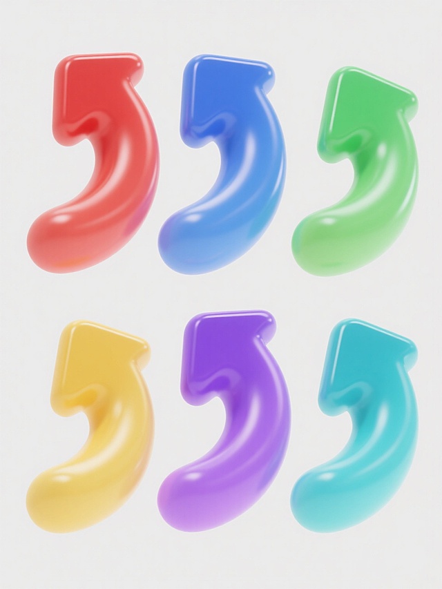 6个不同颜色的3D立体向上箭头图标系列素材集合，每个箭头保持相同的光滑曲面质感、圆润边角、从底部到顶部逐渐变亮的渐变光影效果和向右上方倾斜的动态弯曲造型，分别填充为红色、蓝色、绿色、黄色、紫色、青色，均置于纯白色纯色背景上，6个箭头呈2行3列规整排布，整体设计简洁现代，视觉层次清晰，色彩鲜明且统一协调。