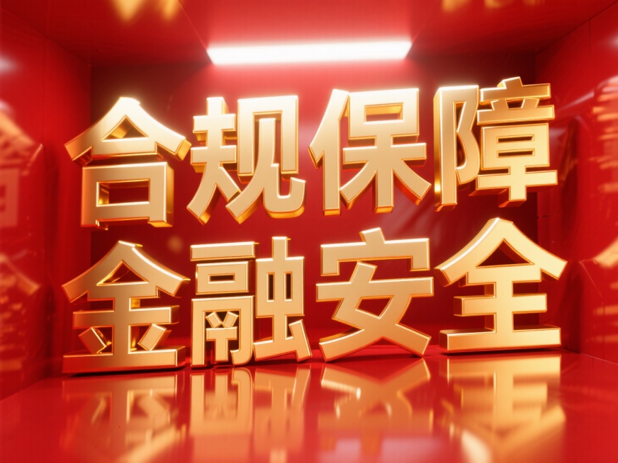 “合规保障，金融安全”，上下排列，立体金属金色字  ，字体上面有光， 背景是红色立体空间 ，正面预览效果