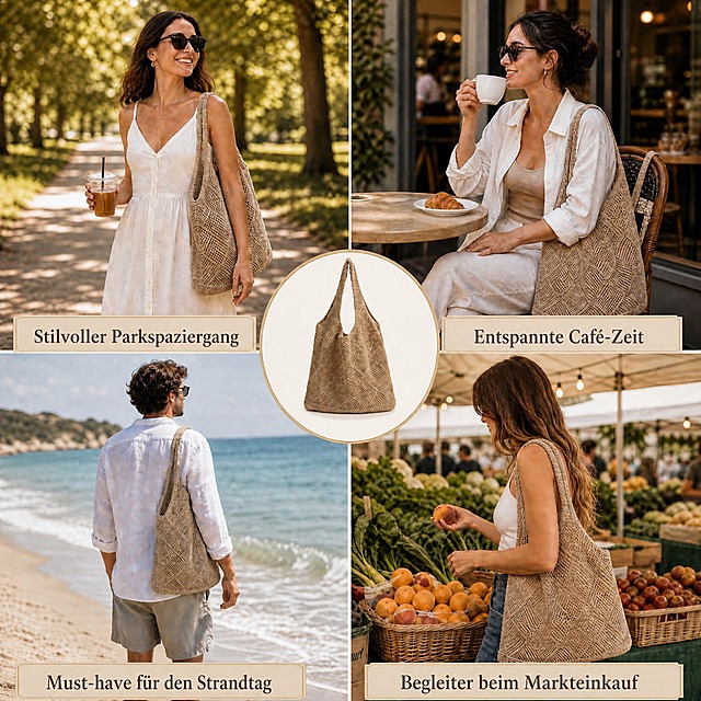Replace all English text with natural colloquial German suitable for Amazon Germany customers. 'STYLISH PARK OUTING' becomes 'Stilvoller Parkspaziergang'. 'RELAXING CAFE TIME' becomes 'Entspannte Café-Zeit'. 'BEACH DAY ESSENTIAL' becomes 'Must-have für den Strandtag'. 'MARKET SHOPPING COMPANION' becomes 'Begleiter beim Markteinkauf'. Keep the exact same layout, photos, center product, banner style and collage design. Only change the language of the text. Premium lifestyle collage infographic, 1:1 square composition