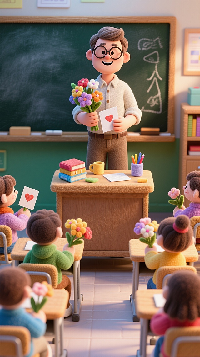 软3D风卡通教室，学生送花贺卡给老师，温馨可爱，节日氛围浓厚。