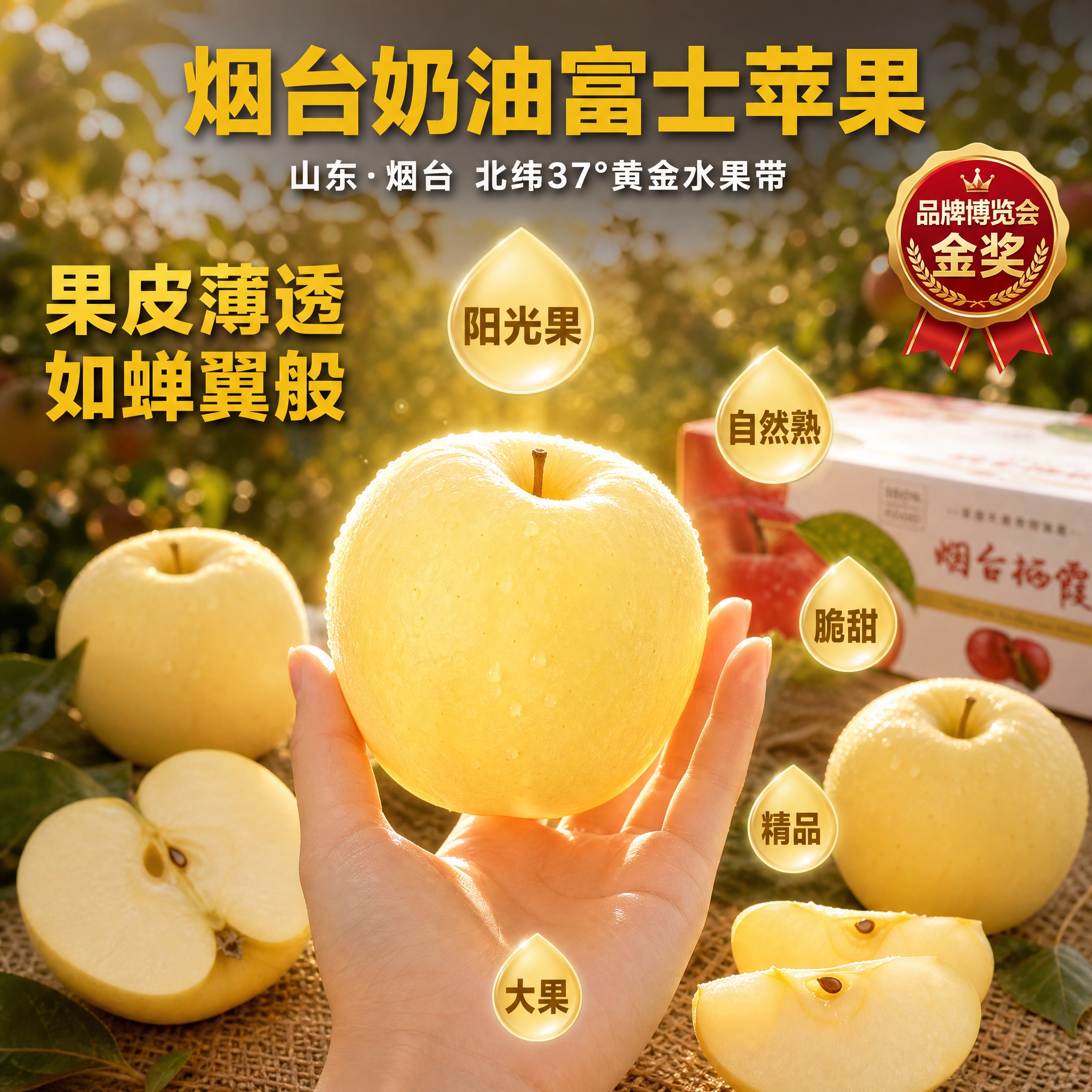 [主图-1] 烟台奶油富士苹果 果园逆光手托展示主图，核心任务… - 图片创意预览