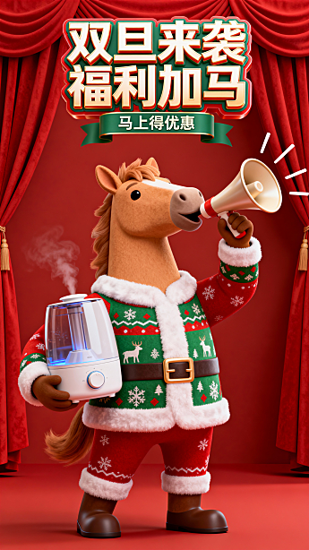 卡通风格，浅棕色拟人马，圣诞色圣诞衣，举喇叭吹奏（小线条表示发声），另一手抱着一个加湿器，画面顶部巨大的3D创意变形艺术字 “双旦来袭 福利加马”（下行小字：马上得优惠），背后的红幕布